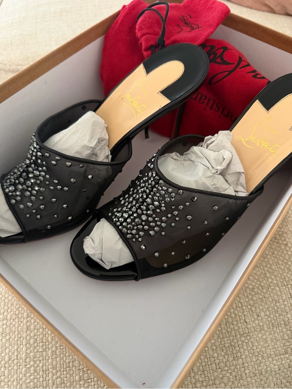 Christian Louboutin Black Mesh Crystal Slide Mules